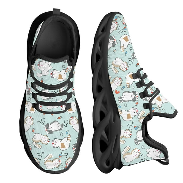 Zapatos de enfermera Kwaii para mujer con estampado de gato de dibujos animados, suela gruesa, cómodos zapatos de punto con cordones, zapatos médicos para mascotas, nuevos