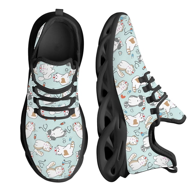 Zapatos de enfermera Kwaii para mujer con estampado de gato de dibujos animados, suela gruesa, cómodos zapatos de punto con cordones, zapatos médicos para mascotas, nuevos
