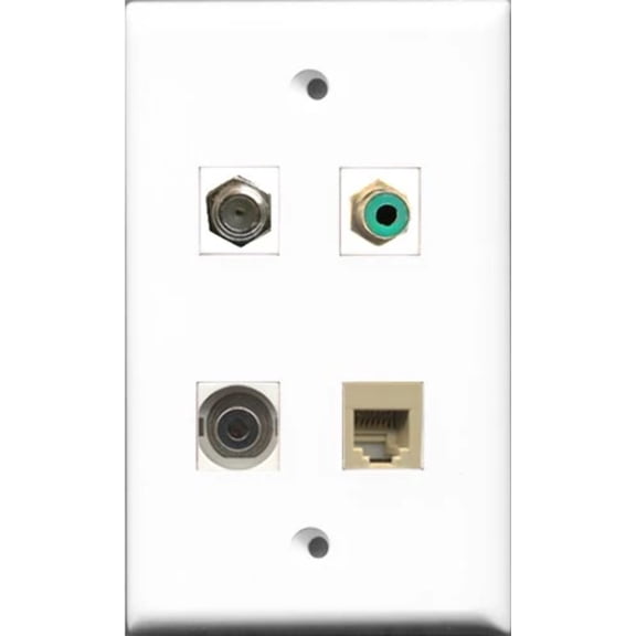 RiteAV 1 Port RCA Green and 1 Port Coax Cable TV- F-Type and 1 Port Phone RJ11 RJ12 Beige and 1 Port 3.5mm Wall Plate