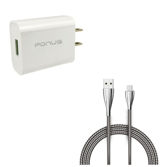 6ft Metal USB Cable w 18W Quick Home Charger for OnePlus 9, Nord N200 5G/N100/N10 5G, Pro Phone - Type-C Charger Cord Power, USB Travel Wall X5V for OnePlus 9, Nord N200 5G/N100/N10 5G, Pro