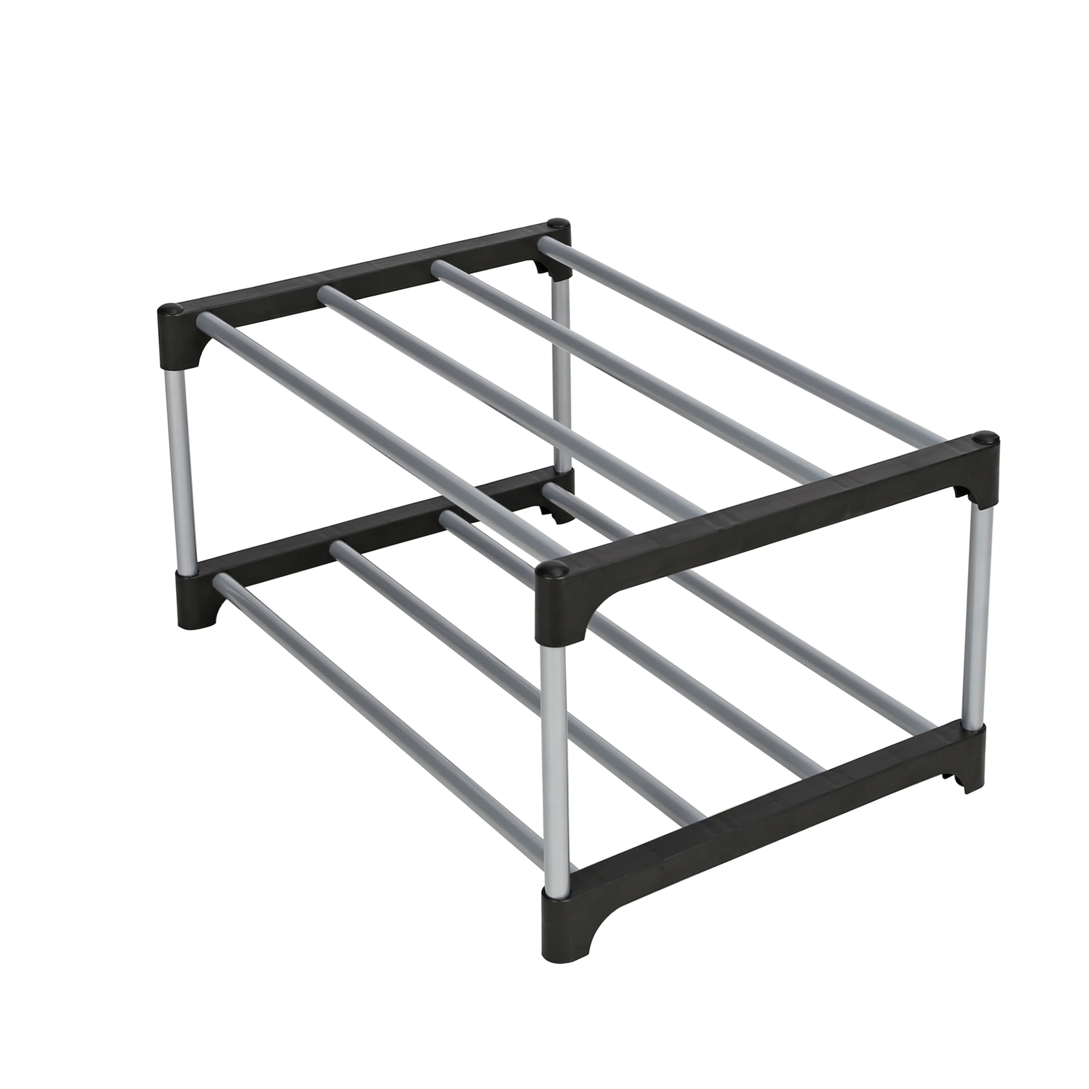 Mainstays 2-Tier Black and Silver Shoe Rack for Shoe Storage with Iron Poles & Plastic Connectors, Holds up to 4 Pairs