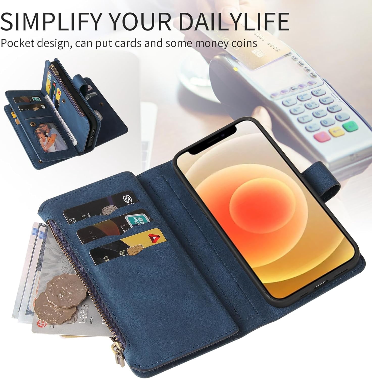 Solennerer Phone Case for iPhone 12 Mini 5.4 Wallet Cover with Tempered Glass Screen Protector and Wrist Strap Flip Credit Card Holder Slot Stand Cell iPhone12mini 5G i 12s iPhone12 12mini Women Men