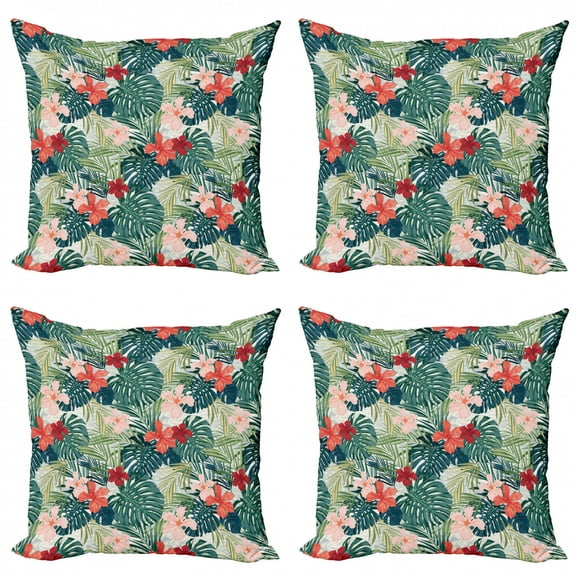 Ambesonne Leaf Throw Pillow Cover 4 Pack, Nature Crepe Ginger Flower, 20", Dark Green Green