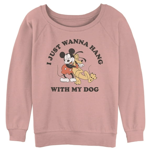 Junior's Mickey & Friends I Just Wanna Hang with my Dog Pluto Sweatshirt Desert Pink 2X Large