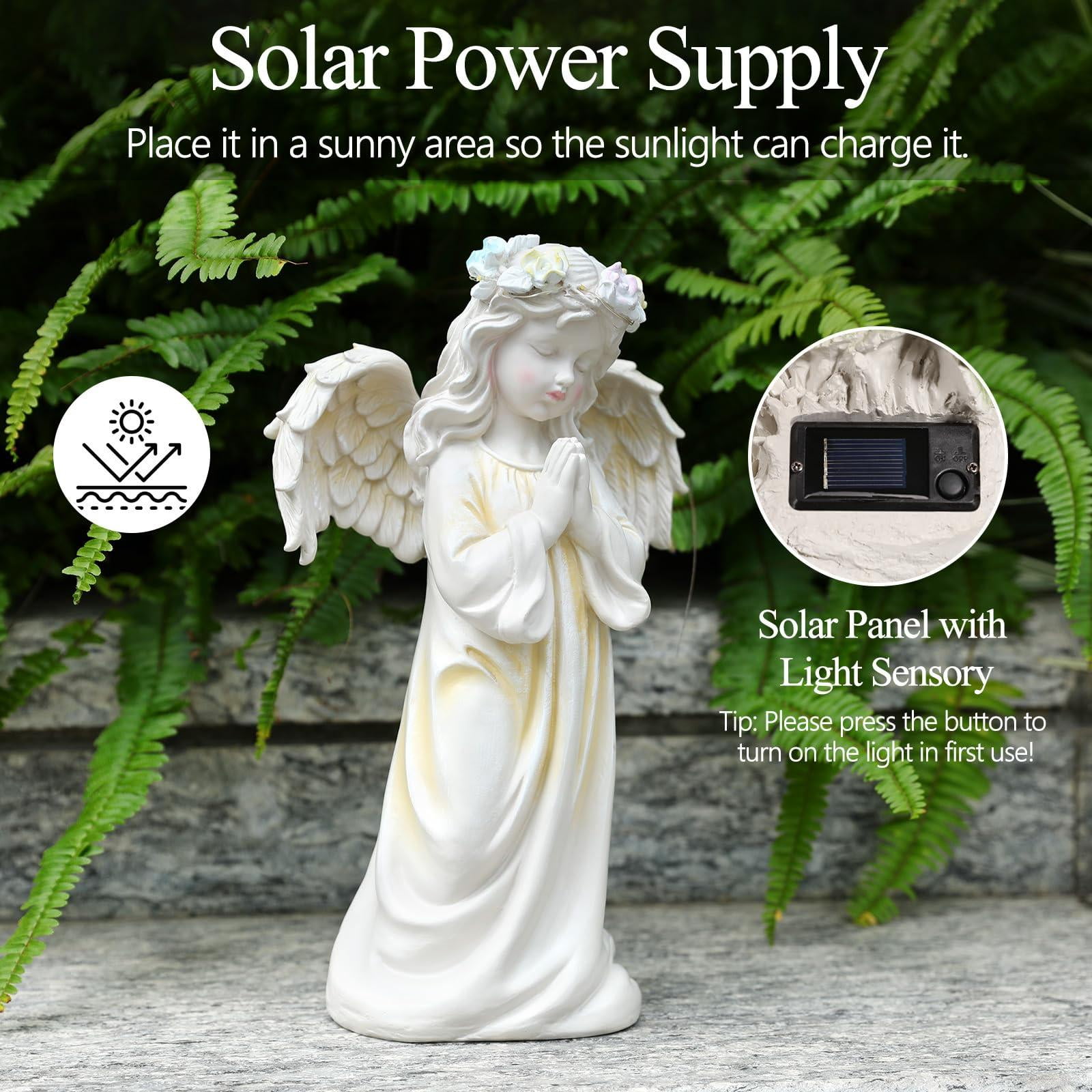 Angel Garden Statue,Memory Guardian Waterproof Outdoor Solar Garden Decor with Warm Light,Praying Angel Figurine Sculpture for Lawn Yard Patio,Sympathy Gift,White