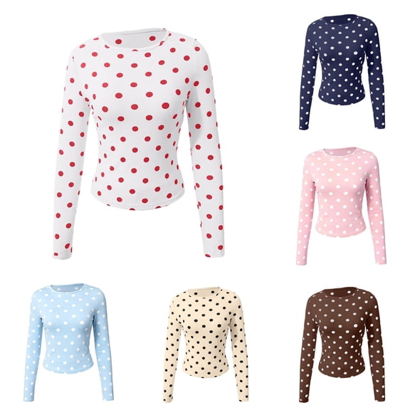 Norvella Womens Polka Dot T Shirt Crew Neck Long Sleeve Slim Fit Stretch Casual Tee Everyday Fall Layering Top