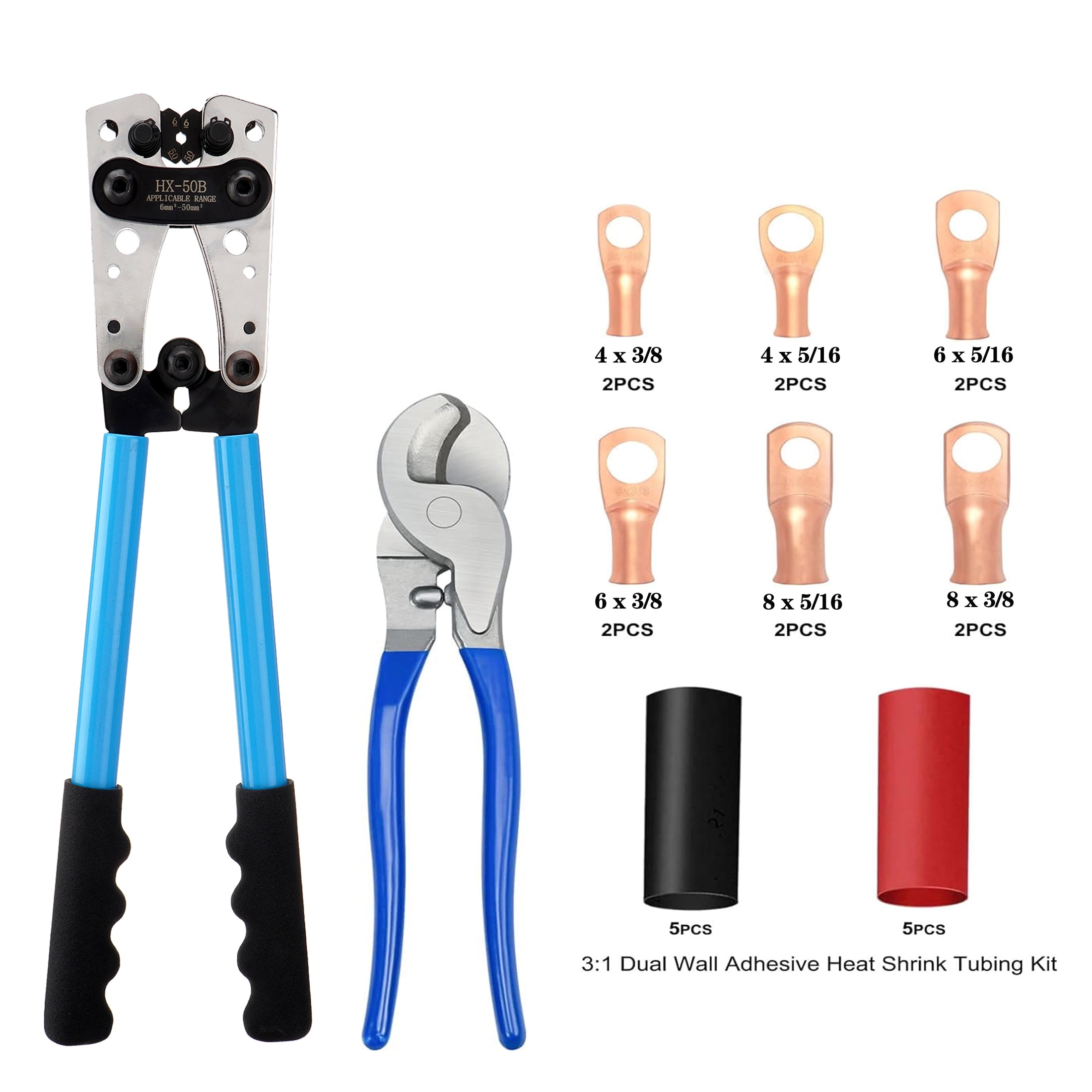 38Pcs Battery Cable Lug Crimping Tool Kit with Cable Cutter Ring Terminals Heat Shrink Tubing, Wire Crimper for AWG 8-1/0 Electrical Lug