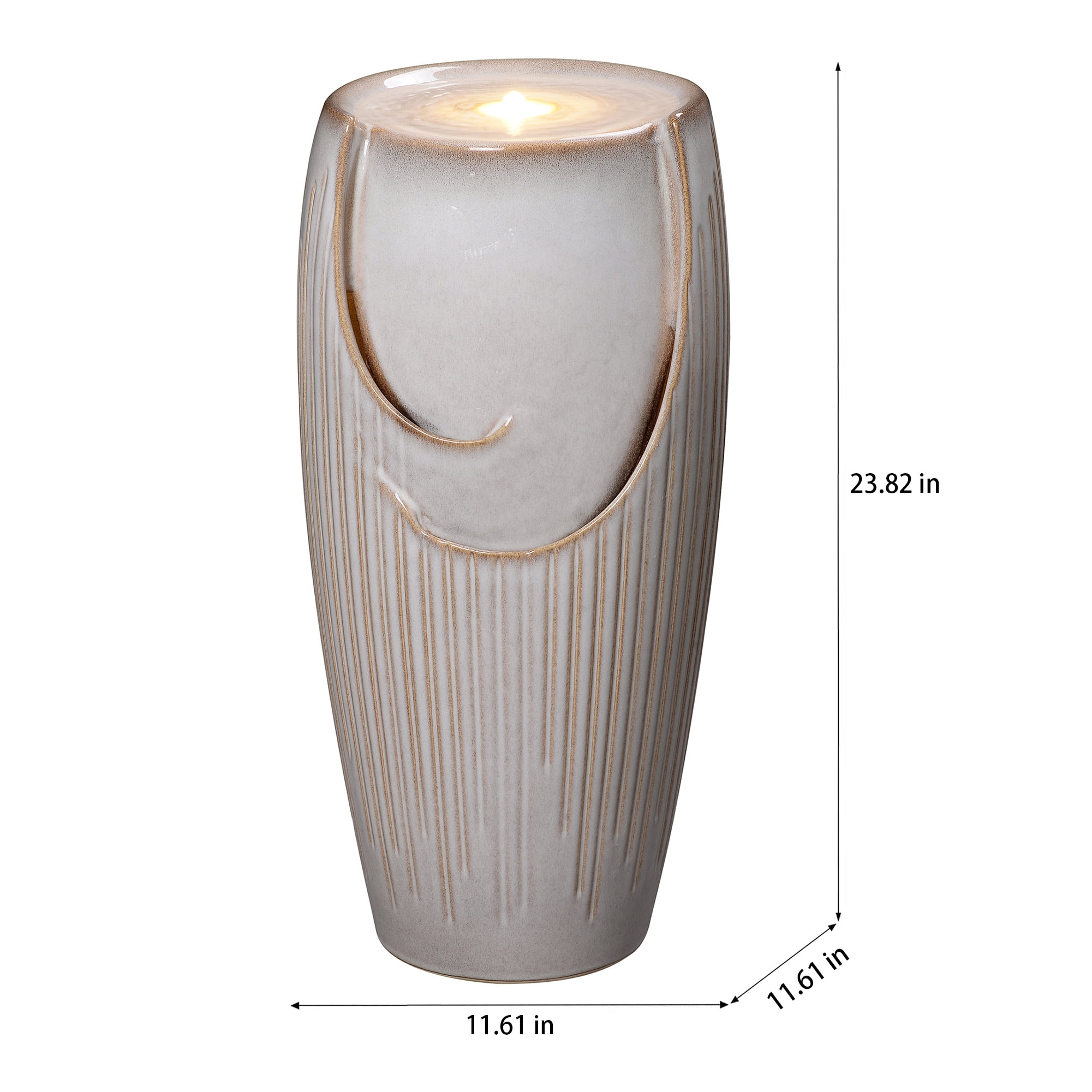 Ivory Ceramic Pillar Fountain, Decorative Water Fountain with LED Lights and Quiet Pump, Indoor Outdoor Water Feature for Patio, Garden, Deck, Balcony, Office and Home Décor