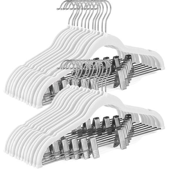 cozymood Velvet Pants Hangers 24 Pack, White Velvet Hangers with Adjustable Clips, Space Saving Slim Skirt Hangers
