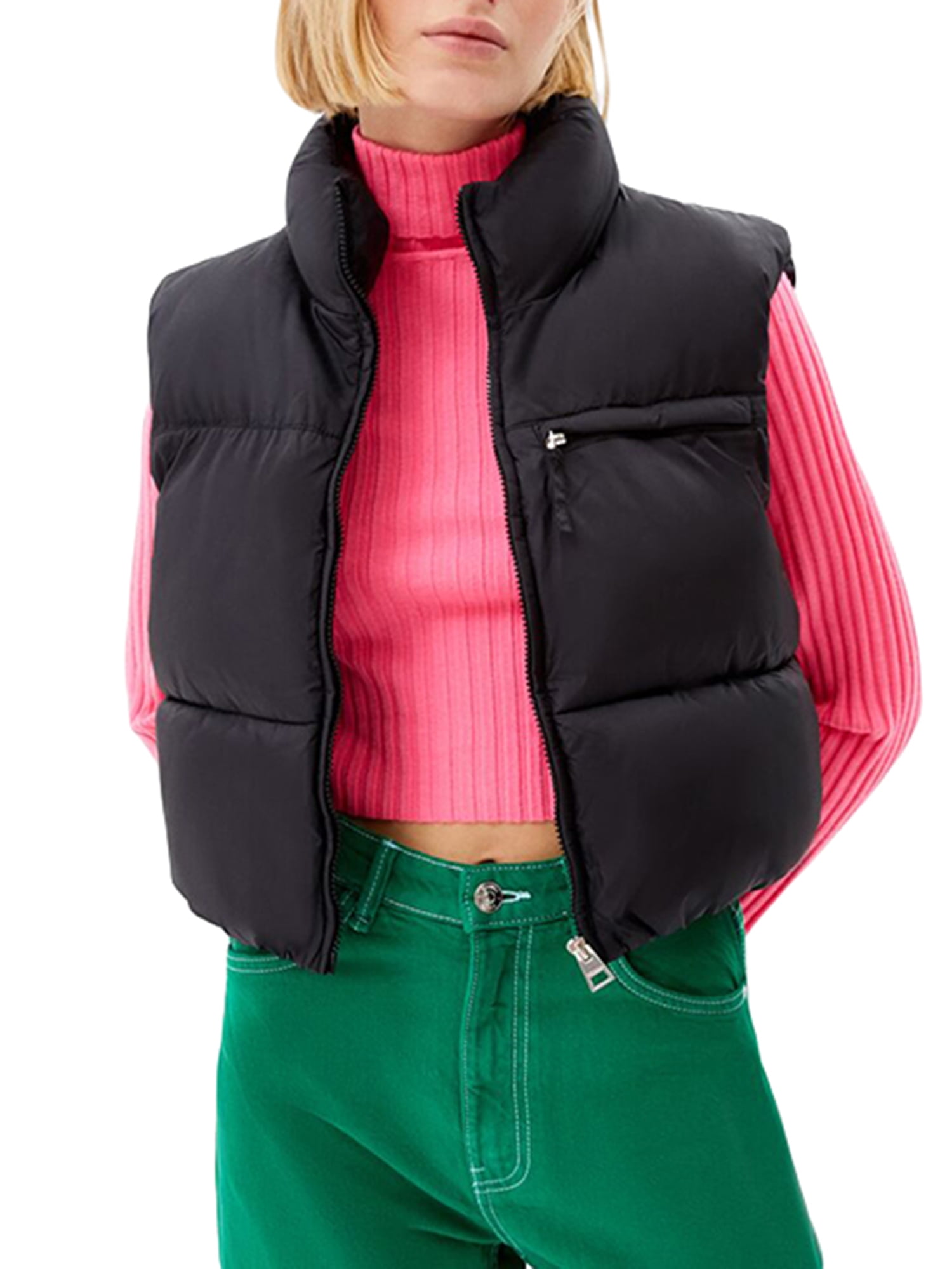 Women Winter Warm Crop Puffer Vest Sleeveless Stand Collar Zip Up