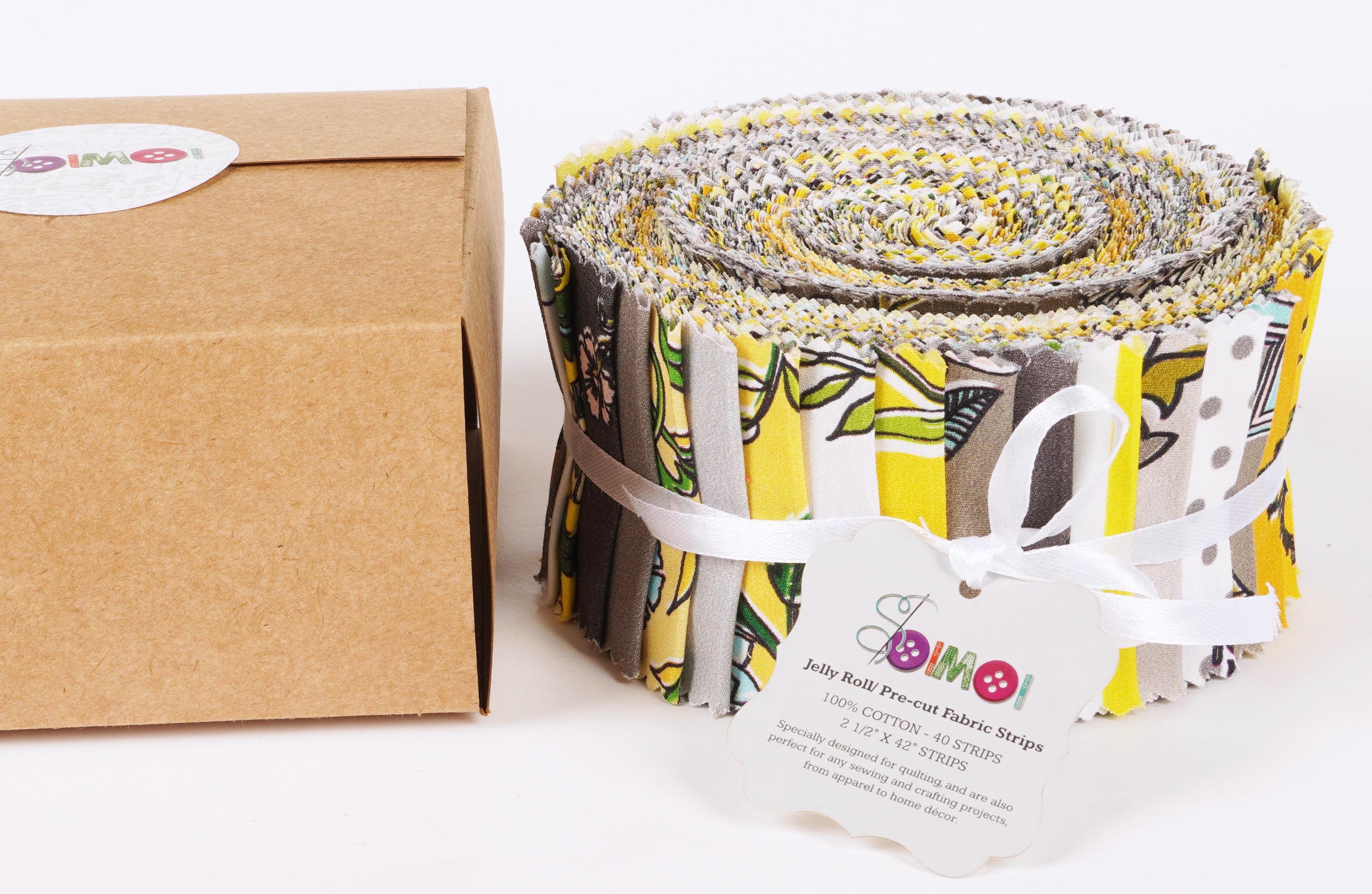 Soimoi 40Pcs Block Print Cotton Precut Fabrics For Quilting Craft Strips 2.5x42inches Jelly Roll - Yellow