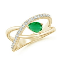 ANGARA Natural Criss Cross Pear Shaped Emerald Ring with Diamond Accents in 14K Yellow Gold for Women (Size-6x4mm) | May Birthstone, Anniversary, Jewelry Gift for Women | Natural Emerald Ring