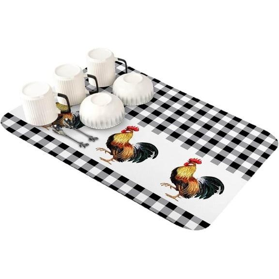 Farm Rooster Dish Drying Mat for Kitchen Counter, Super Absorbent Quick Dry Coffee Bar Mat Pad Thin Diatomaceous Sink Mat Non Slip Dish Drainer Mat 23.5x15.5 Farmhouse Animals Black and White Plaid