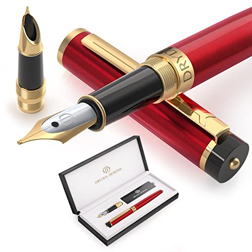 Dryden Designs Fountain Pen - Medium Nib amd Fine Nib | Includes Luxury Box, 6 Ink Cartridges - 3 Black 3 Blue and Ink Refill Converter - Mysterious Blue