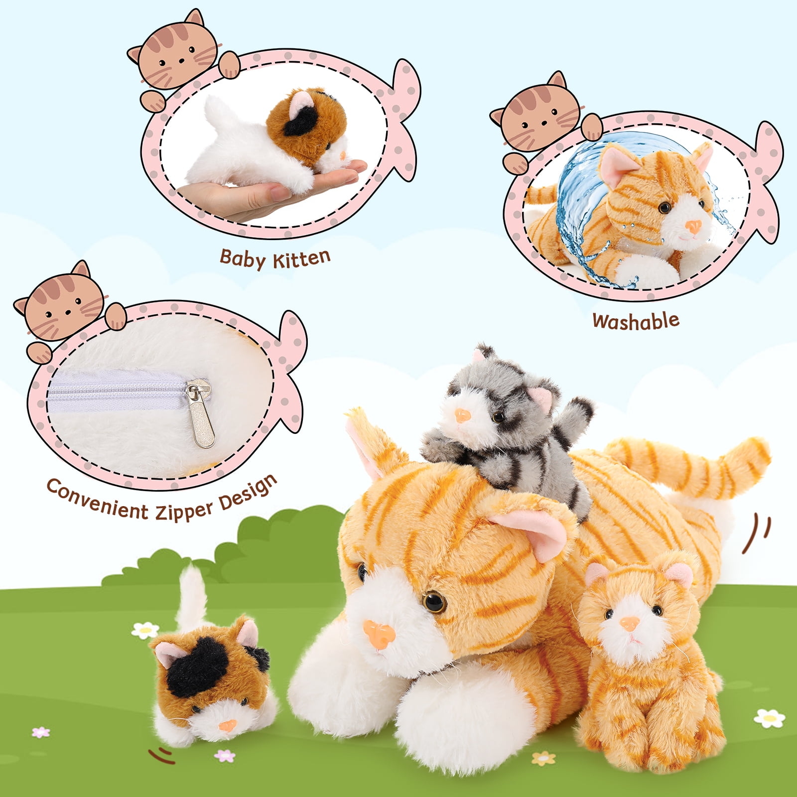 Muiteiur 4 Pcs Cat Stuffed Animal 15.7'' Cat Plush with 3 Babies