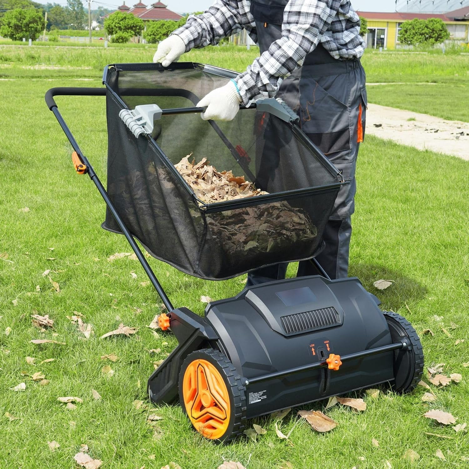 Push Lawn Sweeper 21 Inch Leaf and Grass Collector with 3.5 cu ft Hopper Bag Heavy Duty Yard Sweeper with Adjustable Height Spinning Brushes for Lawn Garden Cleaning