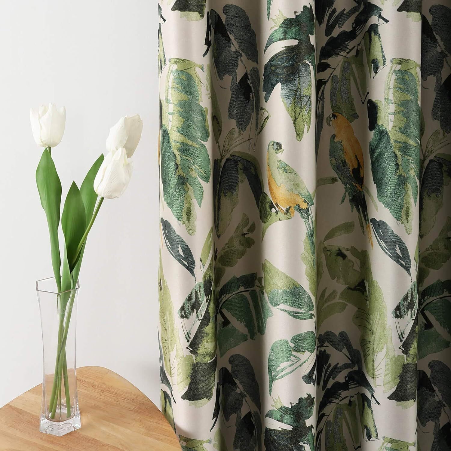 VOGOL Heavy Blackout Bedroom Drapes, Linen Look Room Darkening Window Curtains for Room Divider, 2 Panels, Green Bird & Plants, 52 x 96, Grommet