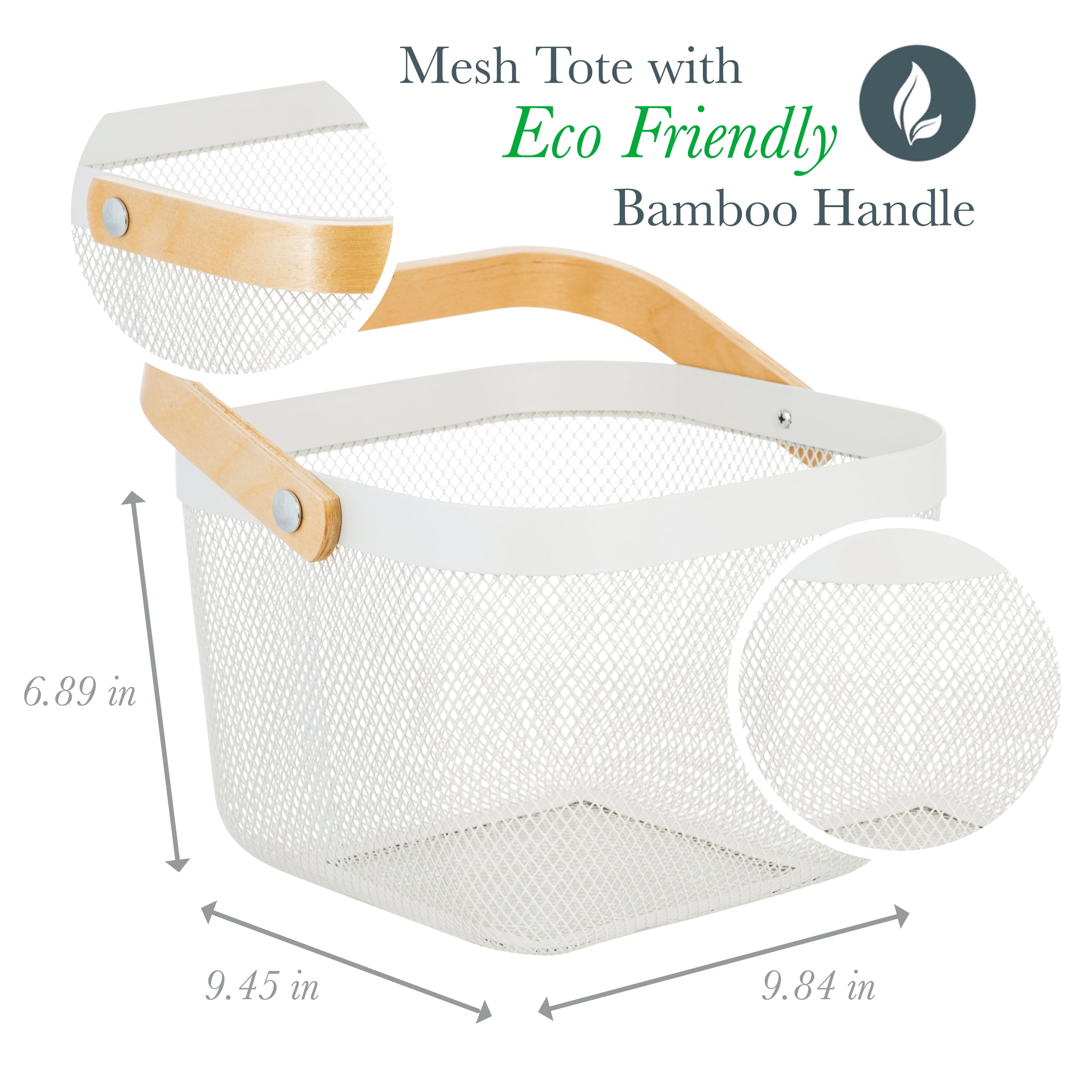 Simplify Mesh Decorative Storage Basket with Bamboo Handle, White