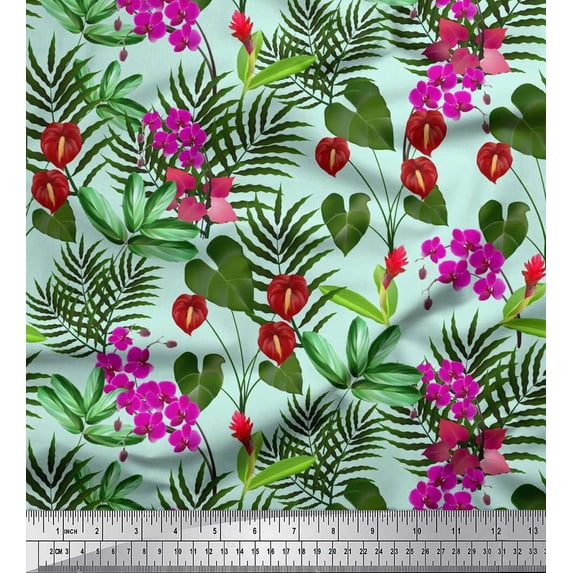 Soimoi Cotton Duck Fabric Leaves,Laceleaf & Orchid Floral Decor Fabric Printed Yard 56 Inch Wide