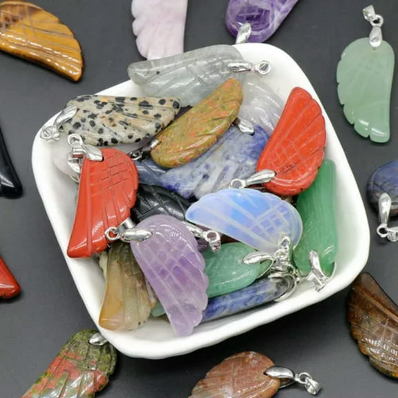 K-KED 12pcs Mixed Natural Crystal Angel Wings Pendants Chakra Reiki Healing Gemstone
