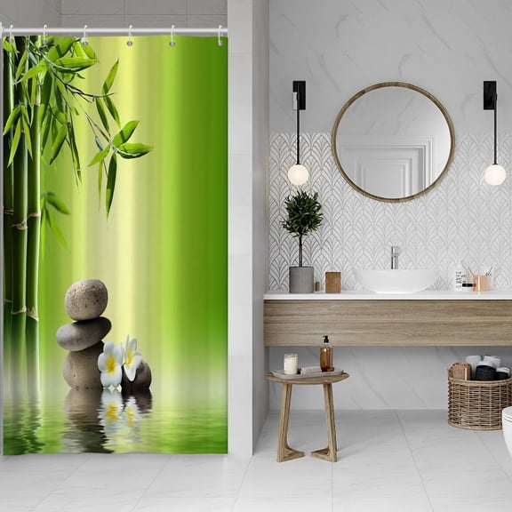 Japanese Spa Long Shower Curtains Bamboo Stone Streaming Polyester Fabric Bathtub Curtain Japan Holiday Stall Size Shower Curtain for Kids Bathroom Decor Waterproof with Hooks,36x72 Inch