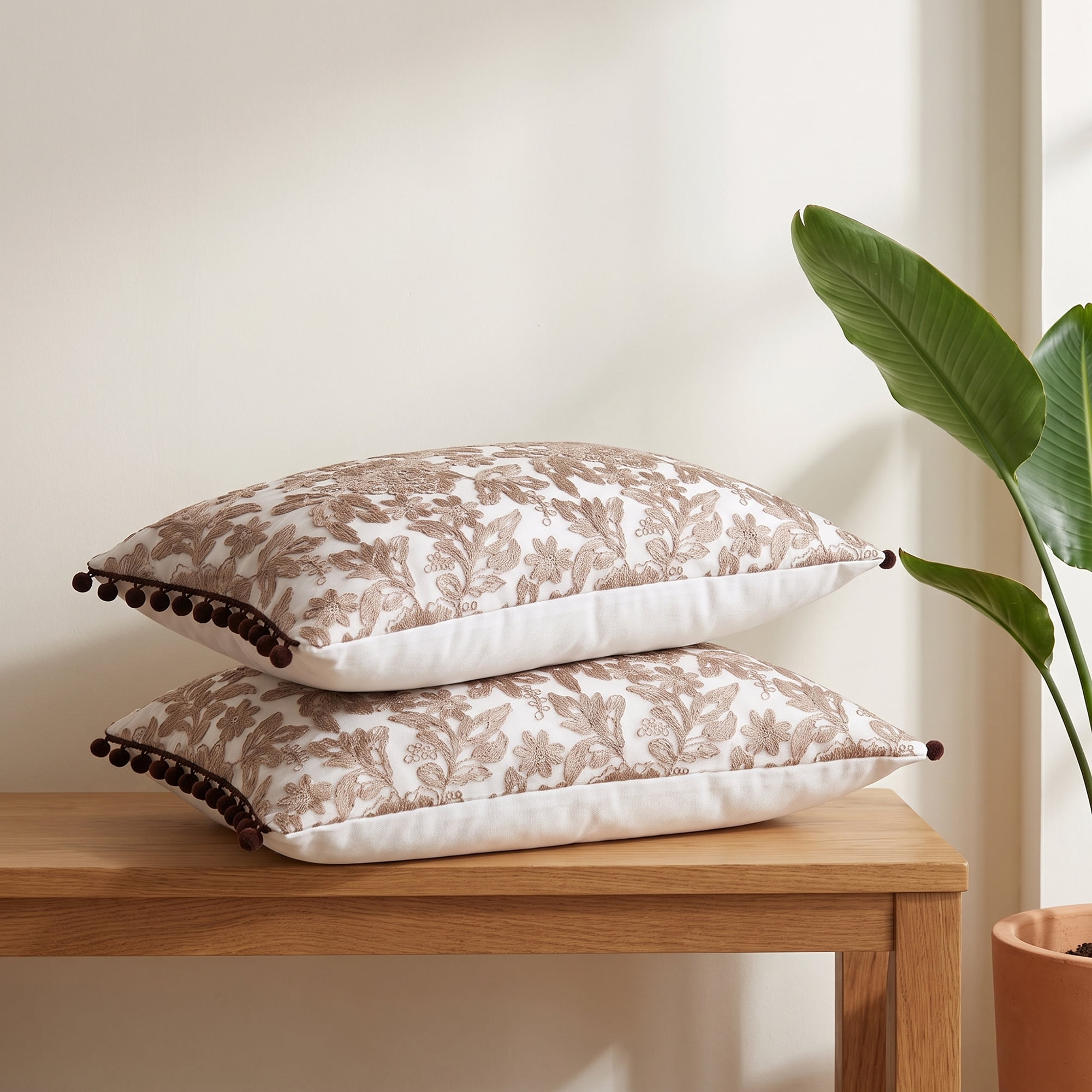 Unique Bargains Elegant Vintage Floral Throw Pom-Pom Pillow Covers Brown 20" x 12"
