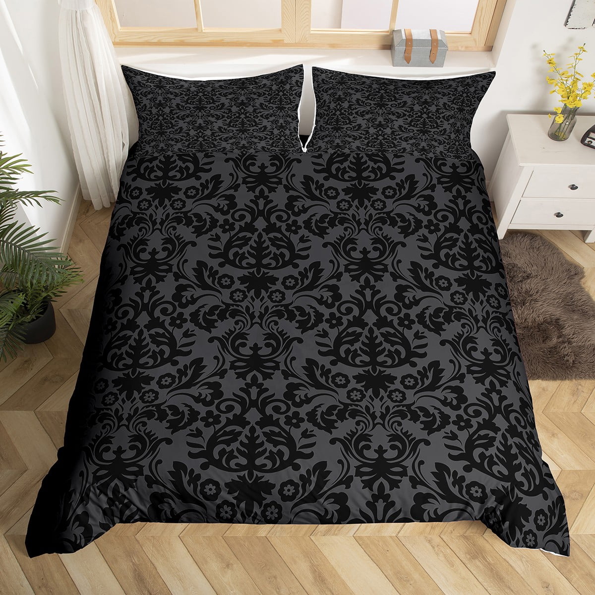 YST Adults Black Damask Bedding Set Antique Victorian Baroque Duvet