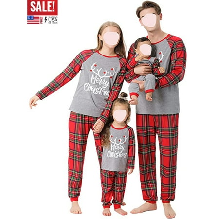 

Family Matching Pajamas Sets Christmas Plaid Print Letter Merry Christmas Elk Printed Top Long Sleeve Pullover+ Long Pants for Mom Dad Kids Baby