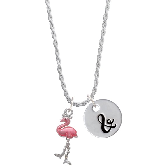 Delight Jewelry Silvertone Flamingo with Dangle Legs Silvertone Script Initial Disc - & - Charm Necklace, 20"+3"