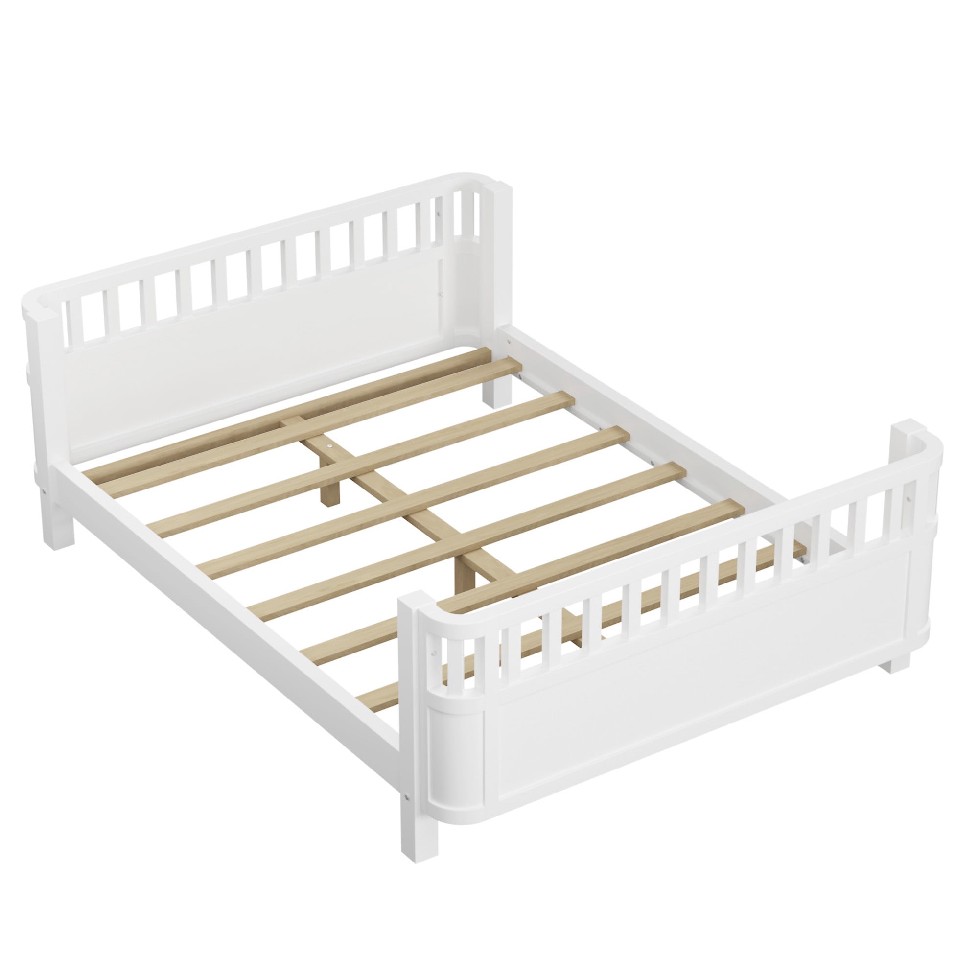 Sesslife Toddler Bed, Wood Full Platform Bed Frame, Full Size Bed Frame with Salts and Safety Fence for Boys Girls, Low Profile Bed Full with Removable Guardrail, No Box Spring Needed, White
