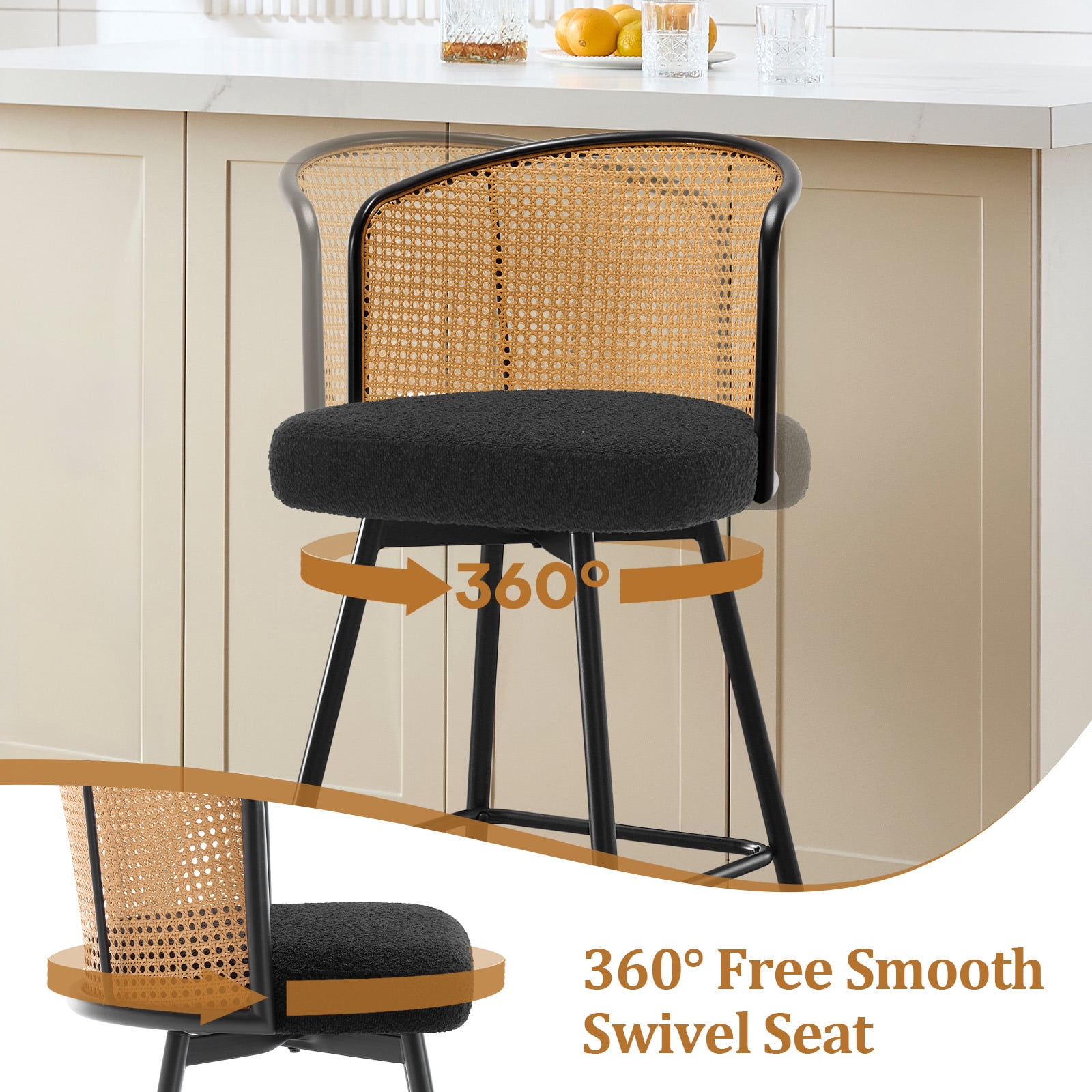 Foreate Cane Swivel Barstools Set of 2, 26" Seat Counter Height w/ Rattan Mid-Back Metal Legs, Upholstered Boucle Fabric Modern Armless Bar Stools Chairs for Kitchen Island Pub