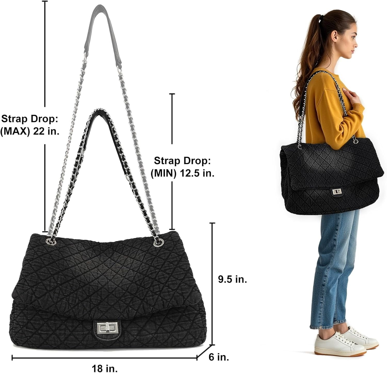 Kwuty Extra Large Quilted Denim Purse,Oversize Shoulder Bags for Women, Crossbody Flap Hobo Tote Bag,Chain Strap Jean Purse