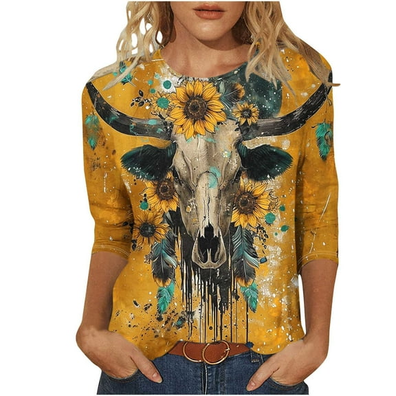 SHE IS Womens 3/4 Sleeve Tops, Womens Long Sleeve T Shirts Cotton Graphic Tops for Women Trendy Sexy Womens Blouses Dressy Casual Plus Size Plus Size Graphic Tees for Women 3x