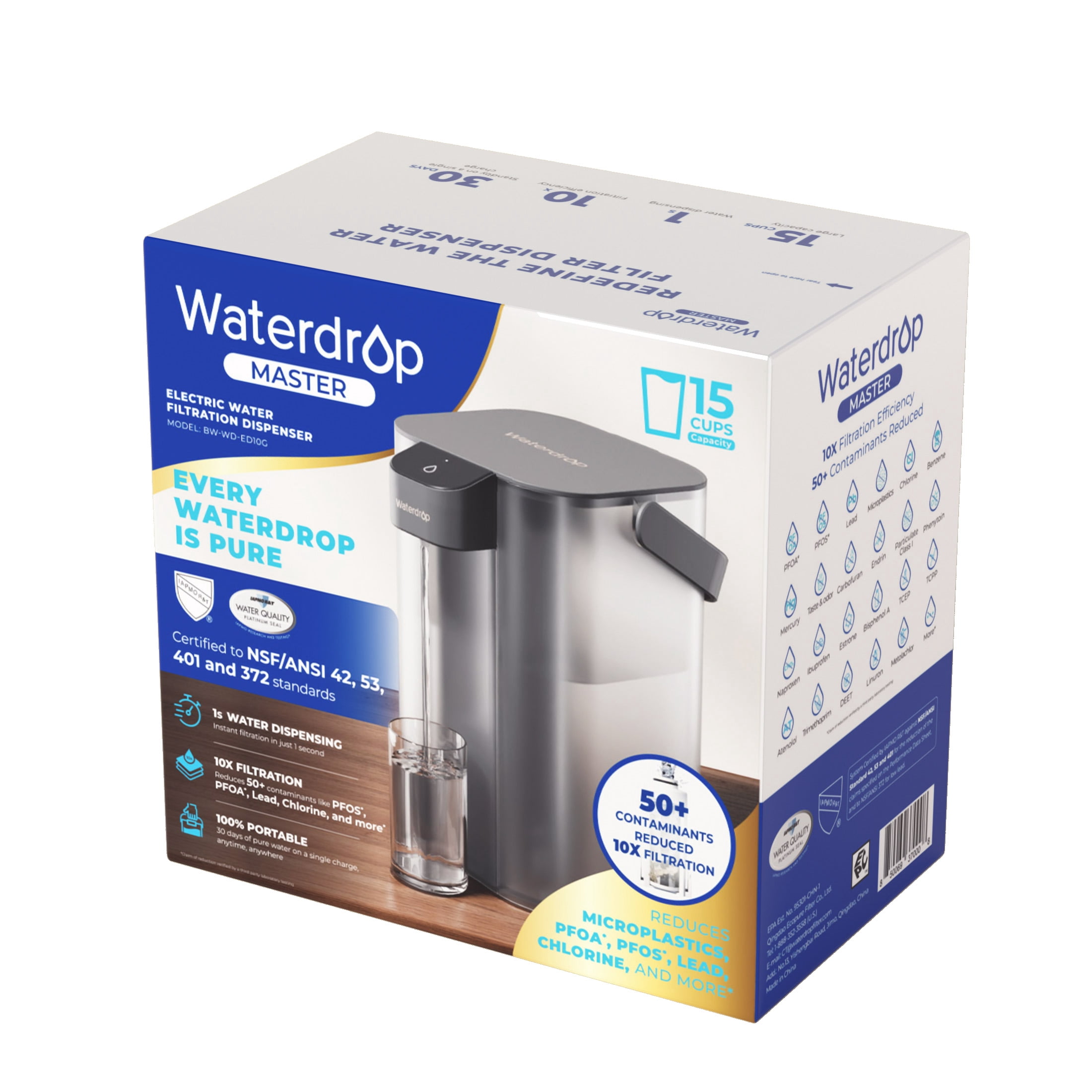 Waterdrop MASTER 15-Cup, 200-Gallon Filter Lifespan, Rechargeable Countertop Water Filter Dispenser, 1-Pack