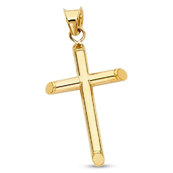 Solid Cross Tube Pendant Genuine 14k Yellow Gold Plain Religious Charm Classic Jewelry 28mm x 18mm