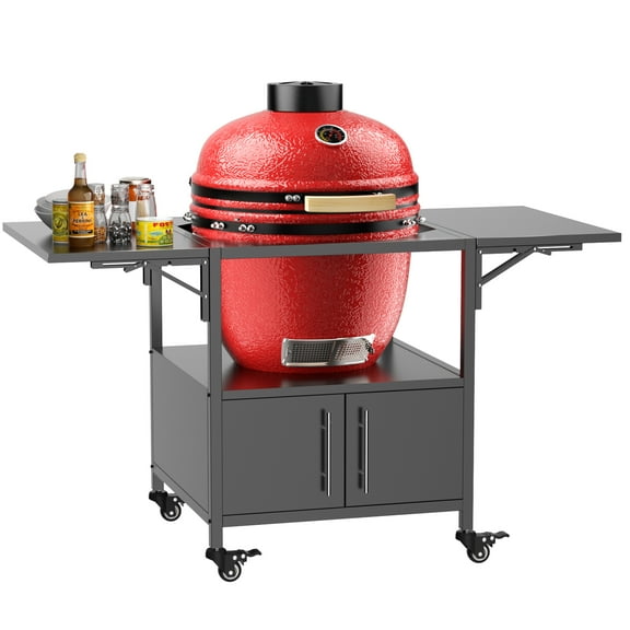 BBQ Grill Outdoor Grill Table for Big Green Egg Style BBQ, Metal Grill Cart with 2 Folding Panels, Compatible with up to Large Green Egg, Kamado Joe Jr,BBQ Utensils