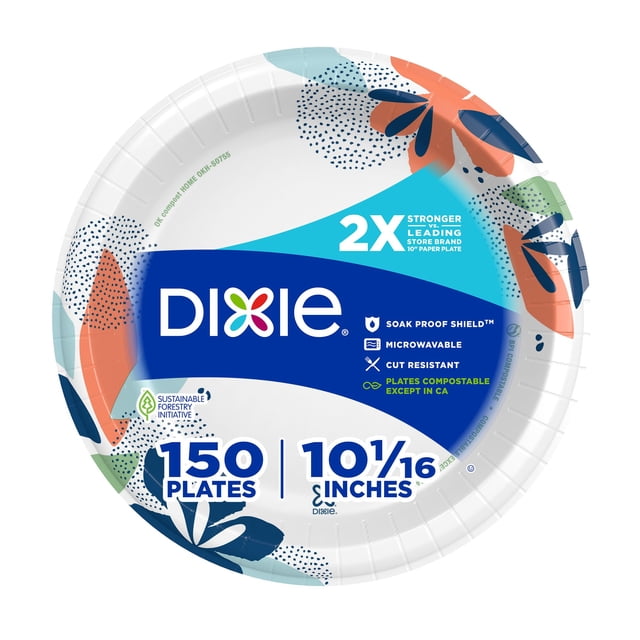 Dixie Grandes Assiettes en Papier, 10 Pouces, 150 Unités, 2X Plus Résistantes, Compatibles Micro-Ondes, Résistantes au Trempage, Résistantes aux Coupures, Assiettes Jetables pour le Déjeuner et le Dîner de Tous les Jours