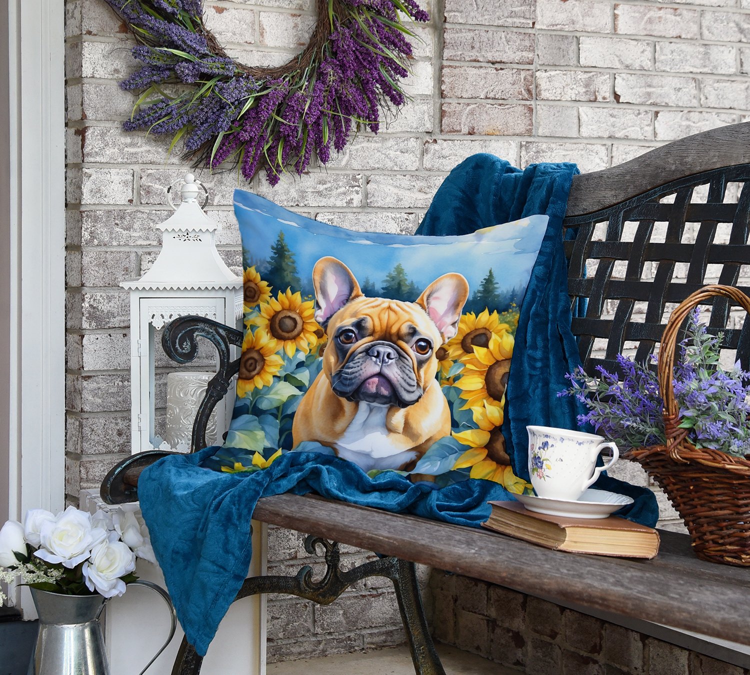 French Bulldog in Sunflowers Throw Pillow 18 in x 18 in