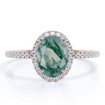 JeenMata 1.50 Carat 4 Prong Ovate Natural Milky White Dendritic Moss Green Agate And Moissanite Pave Halo Engagement Ring In 18K Rose Gold Plating Over Silver
