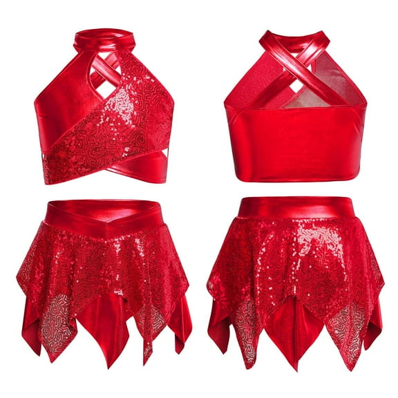 YiZYiF 2Pcs Girls Metallic Shiny Sequin Crop Top with Skirt for Jazz Latin Ballroom Dance Outfit Set Red 14