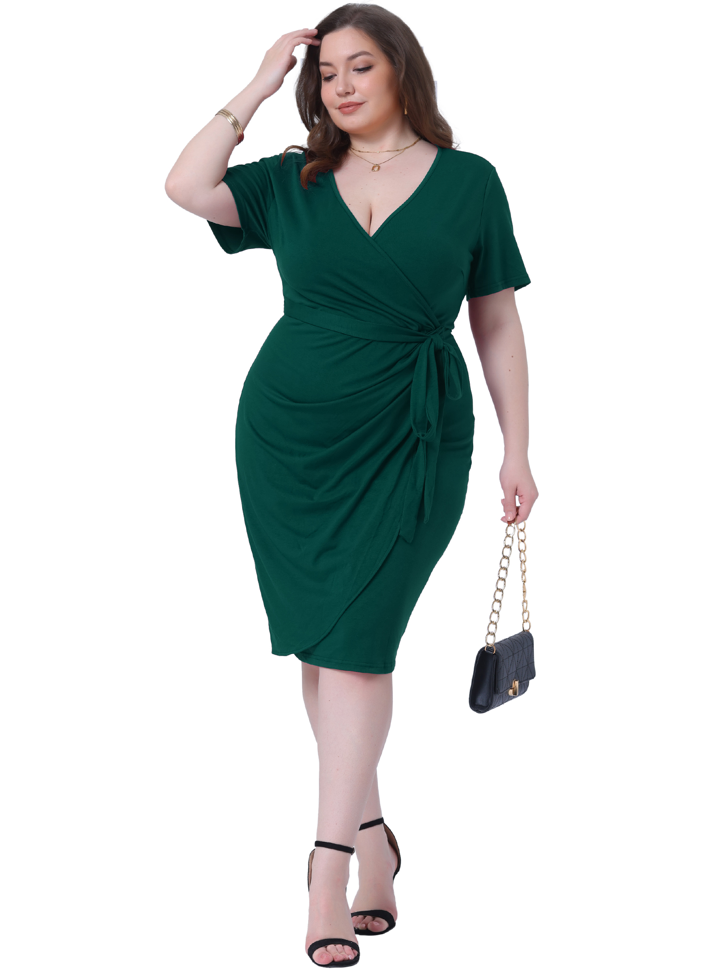 DARING DIVA Plus Size V Neck Ruched Wrap Belt Dress 3X Dark Green
