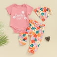 thumbnail image 2 of Bagilaanoe 3pcs Newborn Summer Outfits Baby Girl Pants Set Letter Short Sleeve Romper Tops + Floral Leggings + Hat 3M 6M 12M 18M Infant Casual Clothes, 2 of 7