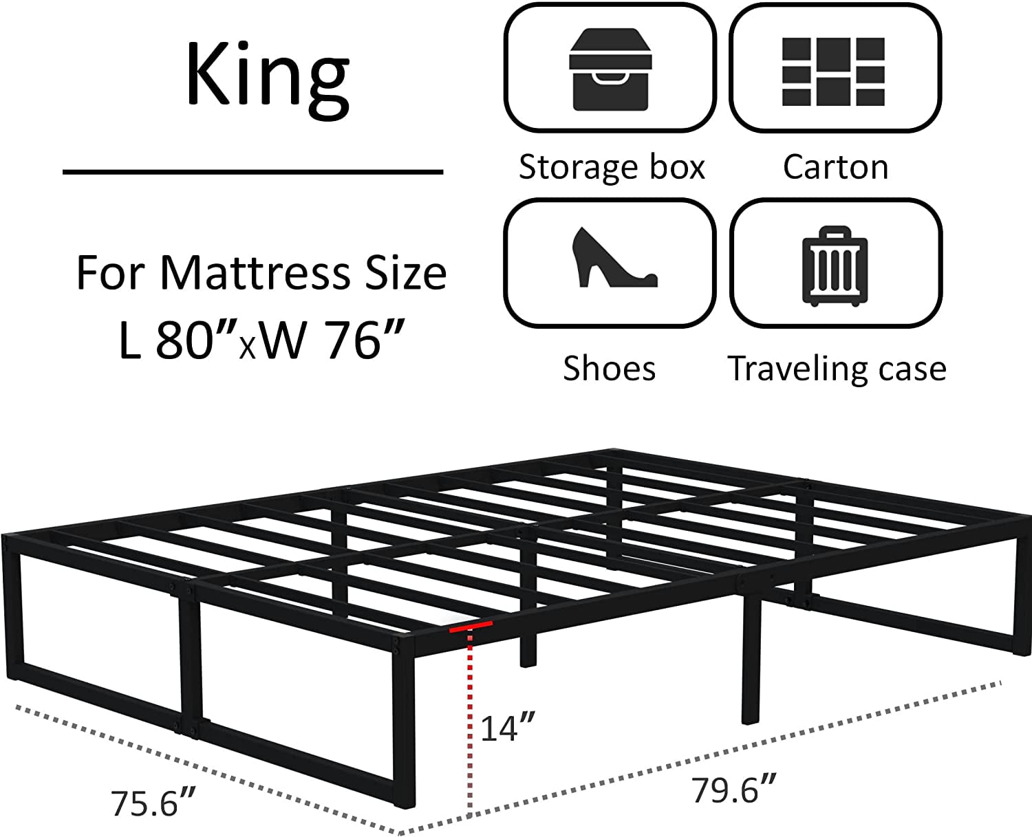 Lutown-Teen 14 inch Queen Bed Frame No Box Spring Needed, Easy Assembly, Heavy Duty Steel Slat Support Metal Platform Bed Frame Queen Size, Black