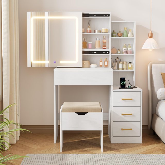 GloryStar Small Makeup Vanity Table with Mirror, 3-Mode LED Lights, Storage Drawers, and Power Outlet, Compact Design