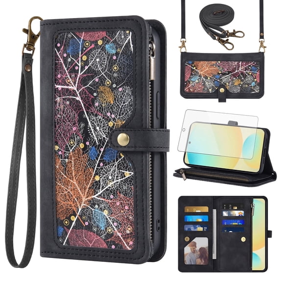 Asuwish Phone Case for Samsung Galaxy S24 FE 5G Wallet Cover With Tempered Glass Screen Protector Crossbody Wrist Strap Flip Pattern Zipper Credit Card Holder Cell S 24 EF AI S24FE 24S Women Black