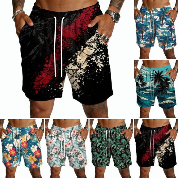 Domuza Mens Graphic Shorts Drawstring Waist Beach Hawaiian Athletic Workout Elastic Lightweight Summer Casual Shorts with Pocket Black 3XL