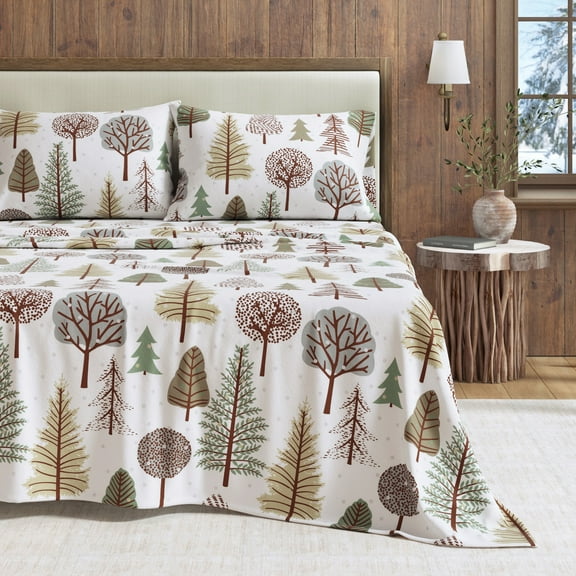 Great Bay Home Lodge Flannel Sheet Set - 100% Turkish Cotton - Double Brushed - Twin, Snowy Forest