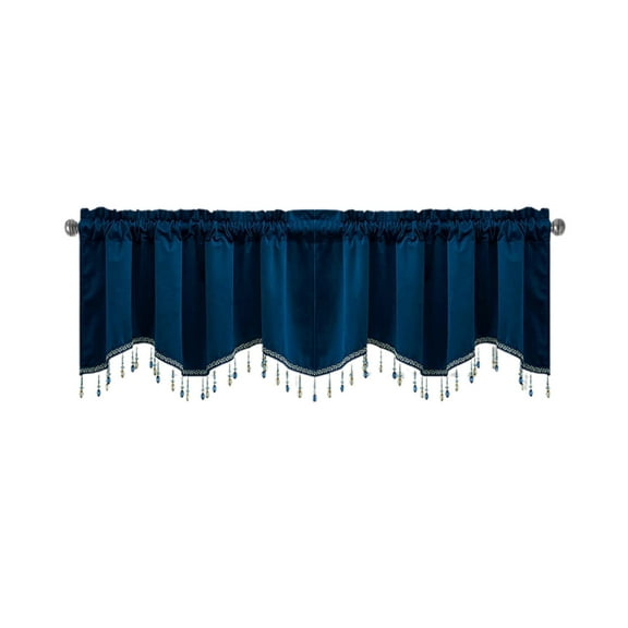 Beautynvta Window Curtain Valance, Wave Short Drapes with Tassels, Rod Pocket Curtains for Bedroom Living Room Decoration, 18''x52'', Blue