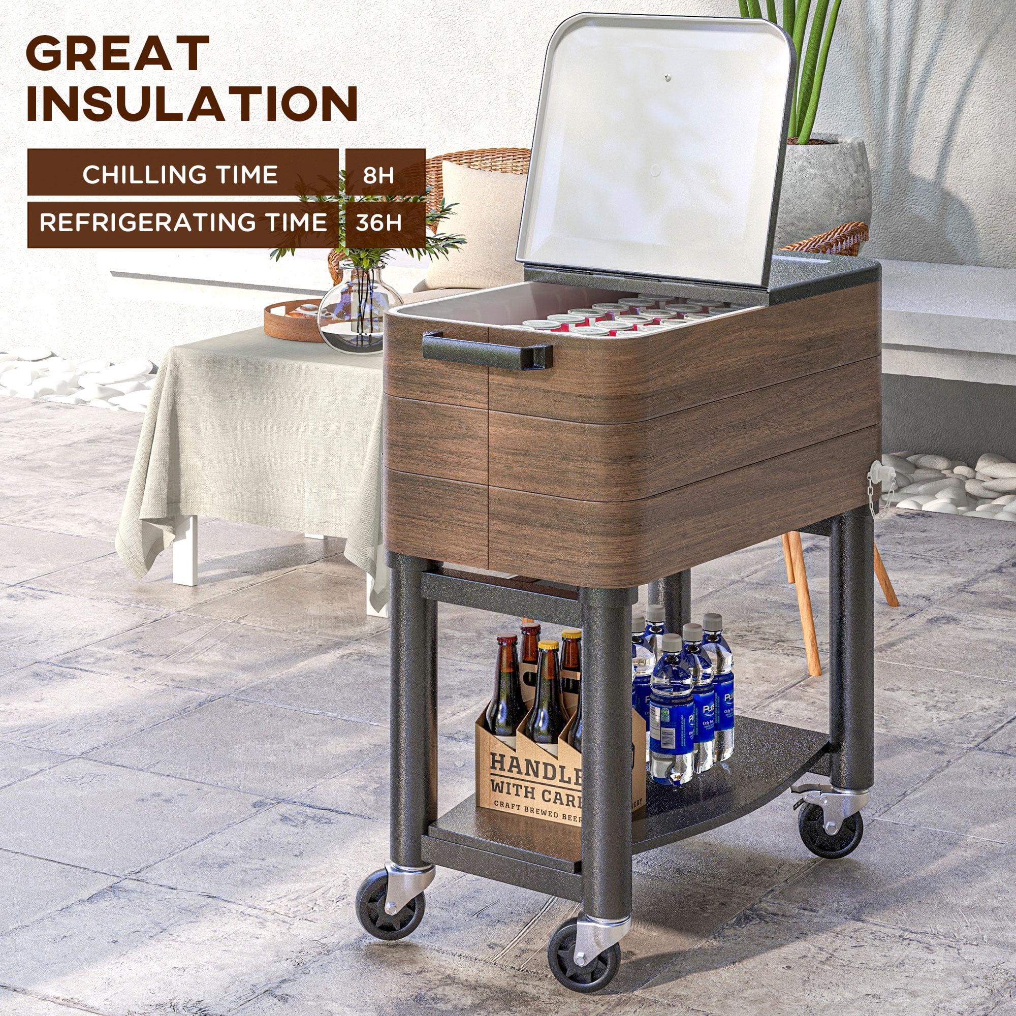 Outsunny Patio Cooler Cart with Bottle Opener 60 Qt. Rolling Ice Chest
