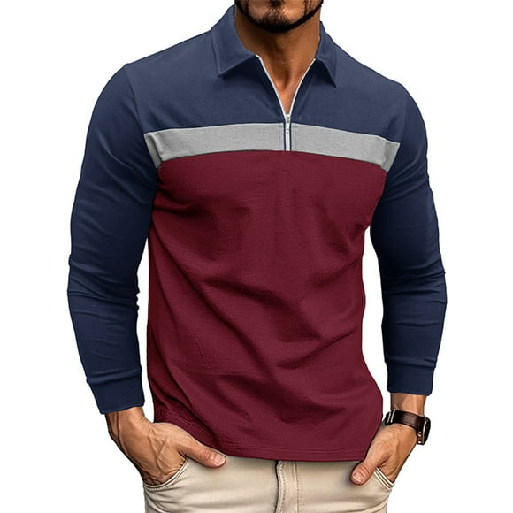 Avamo Mens Tops Colorblock Polo Shirt Long Sleeve Blouse Casual T Shirts Sports Tee Wine Red 2XL